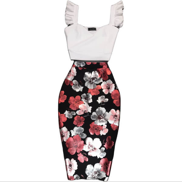 Elegant Ruffled Straps Blouse with Floral Pencil Skirt / Semi-Formal Wear / Fashionable Event Outfit